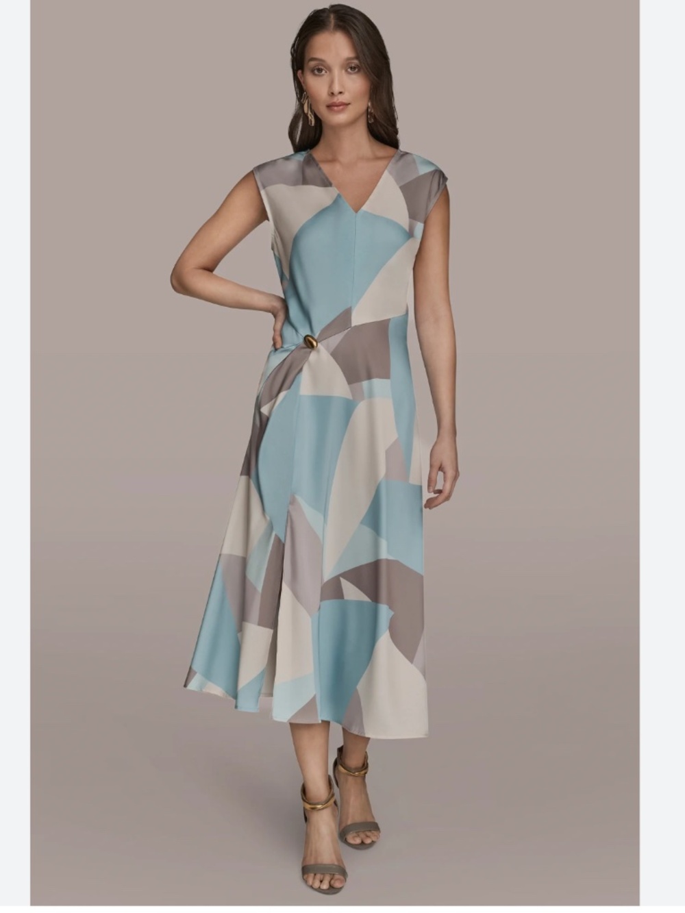 CAP SLEEVE V-NECK PRINTED MIDI DRESS